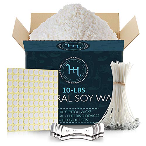 Hearth & Harbor Natural Soy Wax and DIY Candle Making Supplies -10 Lbs Soy Candle Wax Flakes w/ 100 Cotton Wicks, 2 Metal Centering Devices