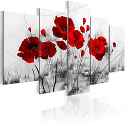 Red Poppy Floral Art Modern Abstract Flower Canvas Painting Home Decor Grey Wall Art Framed Print Pictures Artwork for Living Room