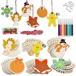 GUDELAK 48PCS Christmas Crafts for Kids, Wooden Christmas Ornaments Unfinished Wood Slices with 6 Styles, DIY Christmas Ornaments Kits for Christmas Tree Holiday Hanging Decorations
