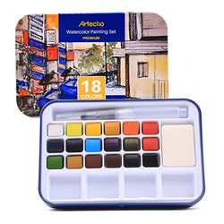Artecho Watercolor Painting Set with 18 Vibrant Colors, Including Water Brush Pen, Sponge and Blank Color Chart in Watercolor Paper, Lightweight and Portable Tin Case, Perfect for Gift