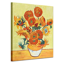 Wall Art Oil Paintings - 100% Hand Painted Vincent Van Gogh Sunflower Art Reproduction Modern Indoor Framed Canvas Decorative Paintings Ready to Hang for Living Room Dining Bedroom Office (12x16x1in)