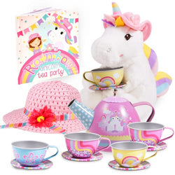 Tickle & Main Rainbow Unicorn Tea Party Gift Set: Includes Storybook, Child’s Hat, Plush Unicorn, Tin Tea Set - Pretend Play for Toddlers and Little Girls