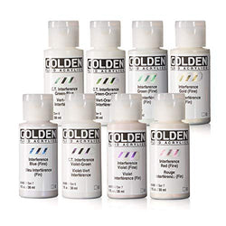 Golden Acrylics Fluid Interference Acrylics Set 8 Colors Interference Paint Blue, Gold, Green, Red, Violet (Fine), and Green-Blue, Green-Orange, Violet-Green, 1 oz multicolored