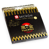 Sakura Pigma Micron Fineliners Pens - Black and Gold Edition - Black Ink - Wallet of 10 + 2 Free