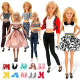 16 PCS Handmade Doll Clothes and Accessories for Barbie Including 6 Casual Wear Outfits ( 4 Tops 4 Pants and 2 Dress) and 10 Pair of Stylish Shoes in Random for 11.5 Inch Girl Dolls