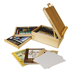 US Art Supply 95-Piece Wood Box Easel Painting Set - 12-tubes of Oil Colors, 12 Oil Pastels,