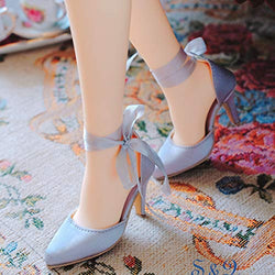 HMANE 6cm High-Heeled Shoes for 1/3 BJD Dolls, Ankle Strap High Heels Silk Shoes with Ribbon for BJD Dolls SD Dolls, Silver