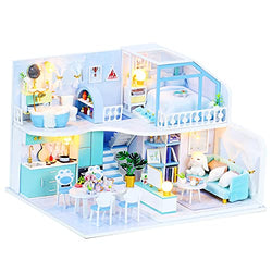 LISTENSEA Dollhouse Wooden Dollhouse Kit Blue Doll House with Music DIY Miniature Dollhouse Kit for 6 Year Olds and Over