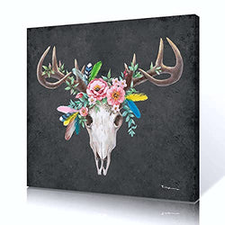B BLINGBLING Flowering Deer Skull Canvas Wall Art Native American Theme Long Antler Poster Mural Wild Animal Buck Head in Abstract Black Painting Print Decor for Home (12"x12"x1)