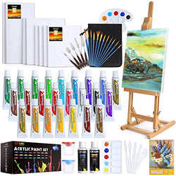 Acrylic Paint Set, 63 PCS Complete Painting Supplies - 24 Colors Acrylic Paint, Canvases, Wooden Easel, Paint Brushes, Palette Knives and Accessories, Paint Set for Kids, Adults, Artists and Beginner