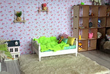 1:12 scale doll bed, dollhouse bedroom furnishing. White bed green mattress pillows blanket