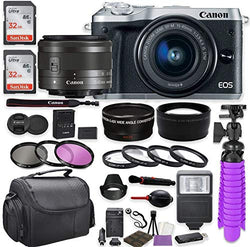 Canon EOS M6 Mirrorless Digital Camera (Silver) Premium Accessory Bundle with Canon EF-M 15-45mm is STM Lens (Silver) +Shoulder Case + 64GB Memory + HD Filters + Auxiliary Lenses
