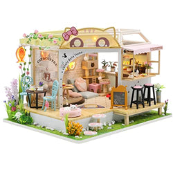 MAGQOO Dollhouse Miniature with Furniture DIY Wooden Dollhouse Kit Tiny House Kit DIY House Kit Creative Room Idea Dust Proof Included (Cat Coffee Garden)