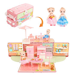 ArgoHome Dollhouse Playset, DIY Pretend Portable Caravan Camper Bus Toy Kit with Little Critters Bunny Dolls Mini Cottage House Set Camping Family Toys for Toddler 3 4 5 6 8 Year Old Girl