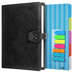 Journal Notebook, Refillable Binder Organizer Planner, Leather Business Writing Notebook for Women Men, Ruled Hardcover Diary with Divider Page and Index Stickers-A5,Black