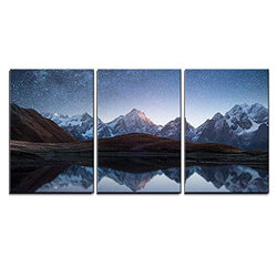 wall26 - 3 Piece Canvas Wall Art - Night Sky with Stars and The Milky Way Over a Mountain Lake - Modern Home Art Stretched and Framed Ready to Hang - 16"x24"x3 Panels