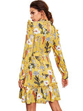 Floerns Women's Long Sleeve Ruffle Trim Self Tie Floral Print Short Dress A Yellow XS