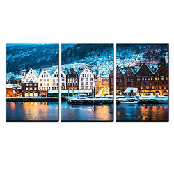 wall26 - 3 Piece Canvas Wall Art - Night View in Bruges, Bergen, Norway - Modern Home Decor Stretched and Framed Ready to Hang - 24"x36"x3 Panels
