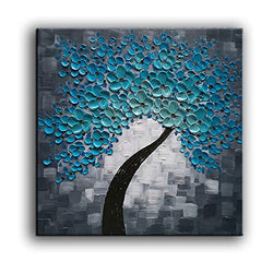 YaSheng Art - Blue Flowers Oil Paintings 100%Hand-painted Oil Painting on Canvas Texture Abstract Art Pictures Canvas Wall Art Paintings Modern Home Decor Abstract Paintings Ready to Hang 30x30inch