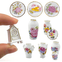 iLAND Miniature Dollhouse Accessories for Dollhouse Furniture, Mini Porcelain Vases and Decorative Plates w/ a Desk Clock (Elegant Rose 11pcs)