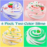 MKAKJWAW 4 Pack Butter Slime Kit Fruit Theme, Two-Color Mixed Slime with Cherry, Lemon and Watermelon Charms, Perfect for School Prize, Party Favor, Birthday Gift