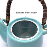 Mose China ~ 6 1/2" Deluxe Teal with White Plum-Flower Japanese Ceramic Tetsubin Teapot & Teacups, Tea Set, Stainless Steel Infuser & Rattan Handle included