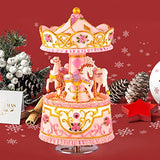 Carousel Music Box Gift Wife- 3 Horse with LED Musical Box | Castle in The Sky | Best Christmas Valentine's Day Birthday Gifts for Women, Girls, Girlfriends, Kids Artware Anniversary Present (Pink)