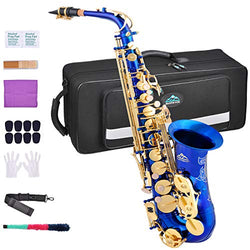 EASTROCK Dark Blue/Golden Alto Saxophone E Flat Sax Full Kit for Students Beginner with Carrying Case,Mouthpiece,Mouthpiece Cushion Pads,Cleaning Cloth&Cleaning Rod,White Gloves,Neck Strap