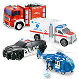 JOYIN 4 Pack Friction Powered City Hero Play Set Including Fire Engine Truck, Ambulance, Police Car and Helicopter Emergency Vehicles with Light and Sound