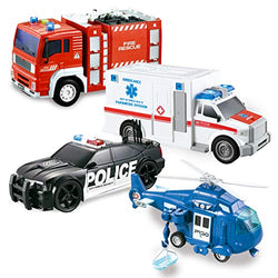 JOYIN 4 Pack Friction Powered City Hero Play Set Including Fire Engine Truck, Ambulance, Police Car and Helicopter Emergency Vehicles with Light and Sound