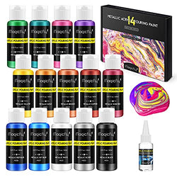 Magicfly Metallic Acrylic Pouring Paint, 14 Colors Pre-Mixed High Flow Pour Paint (60 ml/2 oz) with Acrylic Pouring Oil, Acrylic Pouring Paint Supplies for Canvas, Wood, Rocks & More