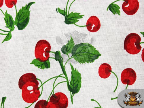 Polycotton Printed CHERRY ALLOVER WHITE Fabric / 59" Wide / Sold by the yard