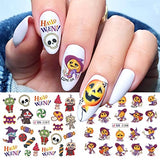 12 Sheets Halloween Nail Art Stickers Halloween Nail Water Decals Foil Transfer Gothic Skull Pumpkin Witch Clown Ghost Face Spooky Nail Sticker for Women Girls Halloween Nail Designs Accessories