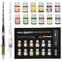 ESSSHOP Glass Dipped Pens Ink Set, 17 Pcs Handmade Rainbow Crystal Dip Pen and Calligraphy Artist Glass Pen with 2 Replace Nibs, 12 Inks for Signatures, Gift Cards Writing, Art, Calligraphy Beginners