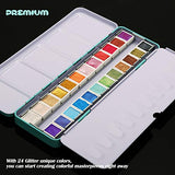 24 Color Artist Watercolor Paints Professional Metallic Glitter Solid Colors Blue Metal Case with Palette for Artists, Art Painting, Ideal for Watercolor Techniques