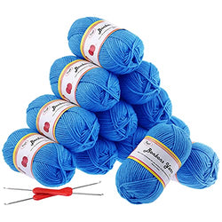 Fuyit 12 Blue Acrylic Yarn Skeins, 1310 Yards Soft Double Knitting Yarn with 2 Crochet Hooks for Beginner Knitting Crochet & Crafts (12 x 50G)