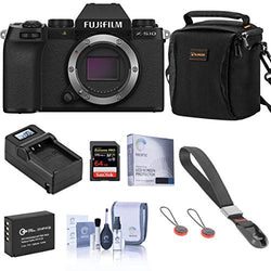 Fujifilm X-S10 Mirrorless Digital Camera, Black (Body Only) - Essential Bundle with 64GB SD Card, Shoulder Bag, Wrist Strap, Extra Battery, Compact Charger, Screen Protector, Cleaning Kit