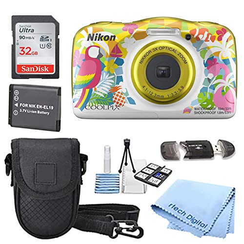 Nikon Digital Camera COOLPIX W150 Waterproof W150RS Resort (International Model) + Extra Battery, 32GB Memory Card+ rtech Digital Cloth + Accessory Bundle (Yellow)