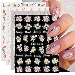 JMEOWIO 3D Embossed Spring Flower Nail Art Stickers Decals Self-Adhesive Pegatinas Uñas 5D Summer Colorful Floral Nail Supplies Nail Art Design Decoration Accessories 4 Sheets