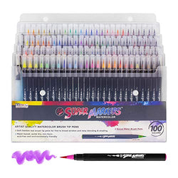 100 Color Super Markers Watercolor Real Brush Pen Set with 4 Bonus Water Brush Pens - Soft Flexible