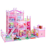 Dollhouse with LED Light, Princess Large Doll House, 4 Floors with 3 Dolls Dream House Building Toys with Slide Furnitures Accessories Pets Cottage DIY Pretend Play House Set, Gift for Girls Toddlers