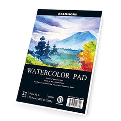 Bachmore Watercolor Pad 9X12" Inch (140lb/300g), 32 Sheets of TOP Glue Bound Book for Artist Pro & Amateurs | Painting & Drawing, Wet, Mixed Media Non Cold Pressed