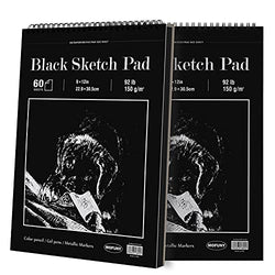MOFUNY Black Sketch Pad, 9 x 12 inches, 60 Sheets Each (92lb/150gsm), 2 Pack, Heavyweight Drawing Paper with Hard Cover & Spiral Bound, for Colored Pencil, Oil Pastel, Graphite, Gel Pen, Ink, Chalk