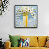 Renaiss 16x16 Inches 3D Hand Painted White Yellow Flower Wall Art for Bedroom Office Living Room Decor Abstract Floral in Vase Painting Light Blue Canvas Prints Picture Modern Home Decor Framed