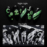 Luminous Halloween Nail Art Stickers 3D Halloween Nail Decals Halloween Nail Designs Supplies Horror Alien Ghost Face Skull Pumpkin Snake Bat Spider Witch Nail Sticker for Women Girls (8 Sheets)