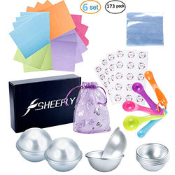 SHEEFLY 173 Pieces Bath Bomb Mold Set with 12 pcs 3 Size DIY Metal Molds, 5 Spoons, 50 Wrapping Papers, 50 Shrink Wrap Bags, 50 Stickers,5 Gift Bags for Bath Bomb Making, Handmade Soaps and Crafts