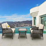 Solaste 4 Pieces Patio Furniture Sets, All-Weather Outdoor Conversation Sets, Water Resistant Wicker Grey Rattan Sofa Chair with Table and Beige Cushions for Deck Backyard Balcony
