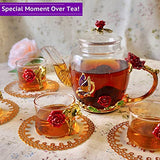 Pretty Glass Tea Sets for Women, Small Coffee Espresso Shot Tea Cups of 4, Flower Teapot and Cup Set, Clear Tea Kettle, Fancy Tea Set for Adults Girls Kids Tea Party, Gift for Women Mom Wife Christmas