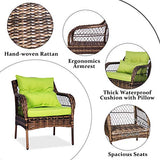 FUNKOCO 3 Pieces Patio PE Rattan Conversation Chair Set, Outdoor Furniture Set with Water-Proof Cushion&Coffee Table for Garden,Backyard and Porch（Green