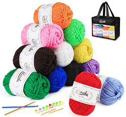 Lemonfilter 12 x 50g Acrylic Yarn Skeins Assorted Colors 1312 Yards, Bulk Yarn Kit with 2 Crochet Hooks, 2 Plastic Knitting Needle, 8 Markers